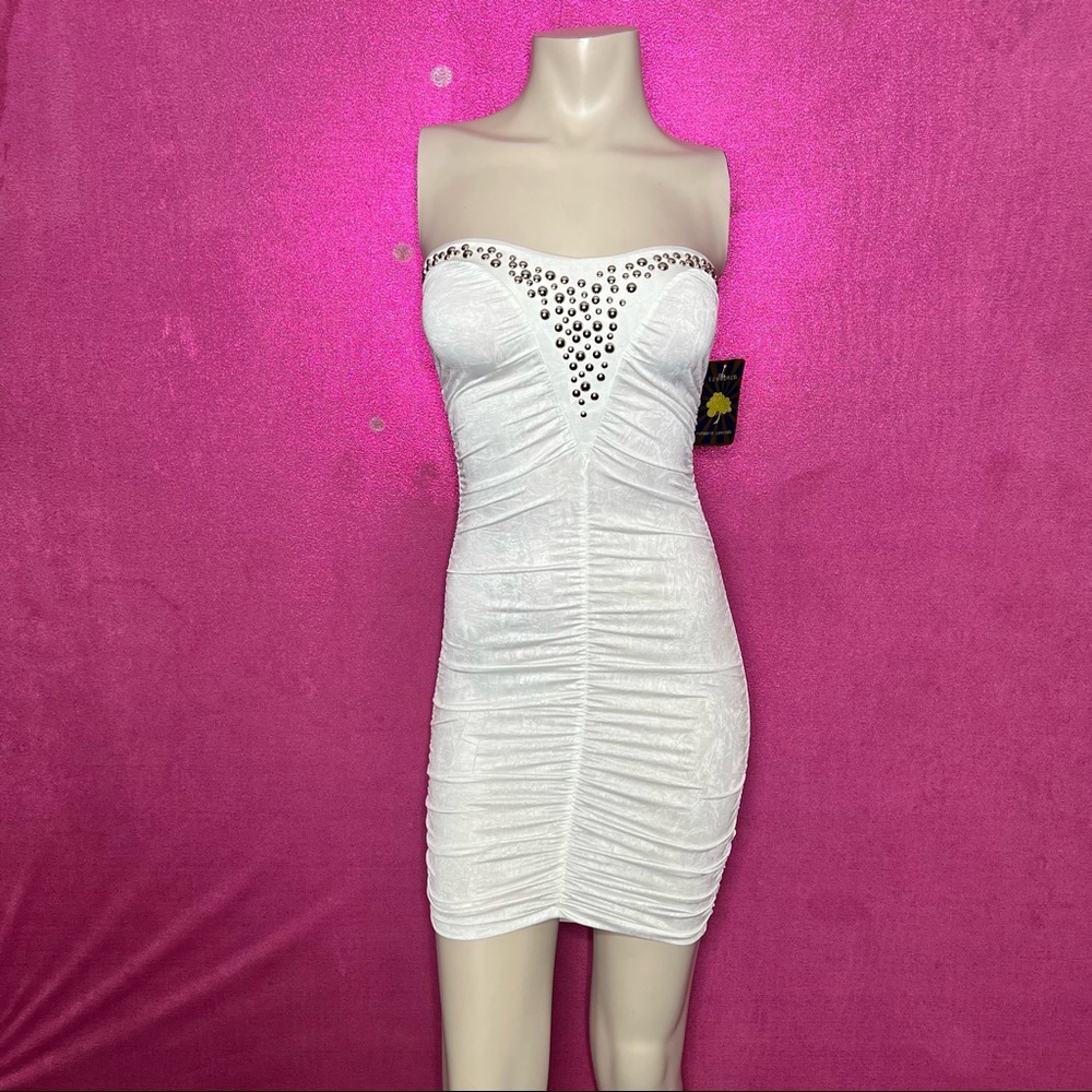 *3/$20* White Silver Round Studs Tube Top Ruched Bodycon Dress